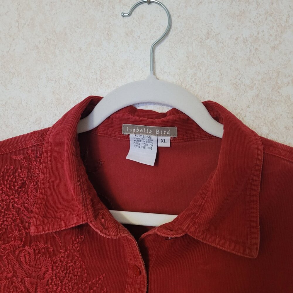 Red Embroidered Corduroy Button Shirt  Isabella Bird  Womens Size XL - Picture 12 of 15